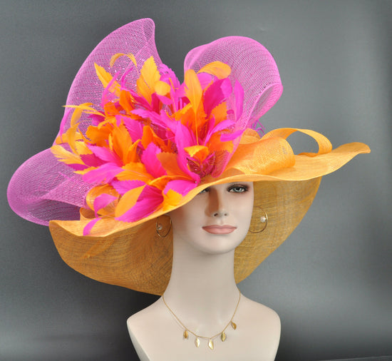 Orange, Hot Pink Bow & Feathers Wide Brim Kentucky Derby Hat,Ascot Hat for Wedding Tea Party Garden Party Hat,Mother of the Bride, Church