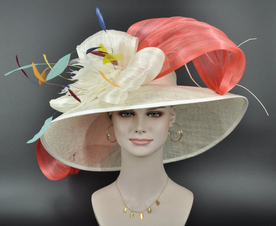 Wide Brim Sinamay Derby Hat: Ivory, Coral Silk Abaca Bows