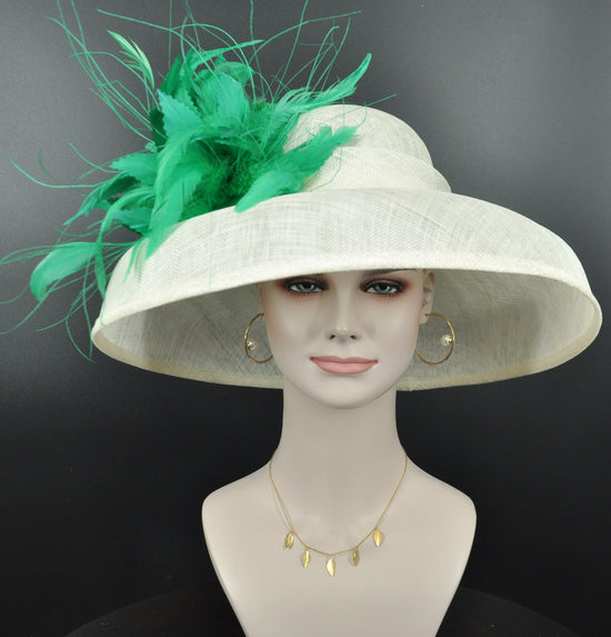 Sinamay Dome Hat: Ivory Wide Brim Derby Hat with Green Feathers