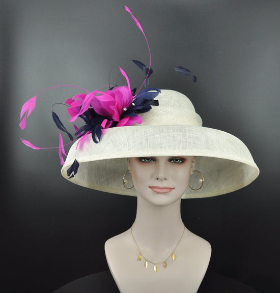 Sinamay Dome Hat: Ivory Wide Brim Derby Hat with Feather Flower