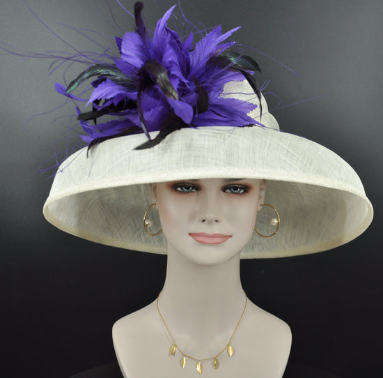 Sinamay Dome Hat: Ivory Wide Brim Derby Hat with Purple Feathers