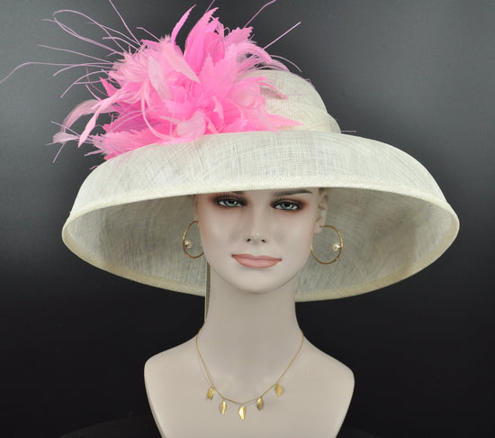 Wide Brim Sinamay Derby Hat: Ivory & Pink Feather Dome