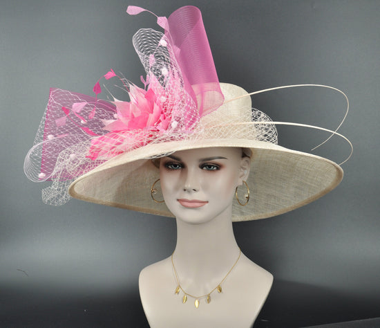 Wide Brim Sinamay Derby Hat: Pink Flower Wedding Tea Party