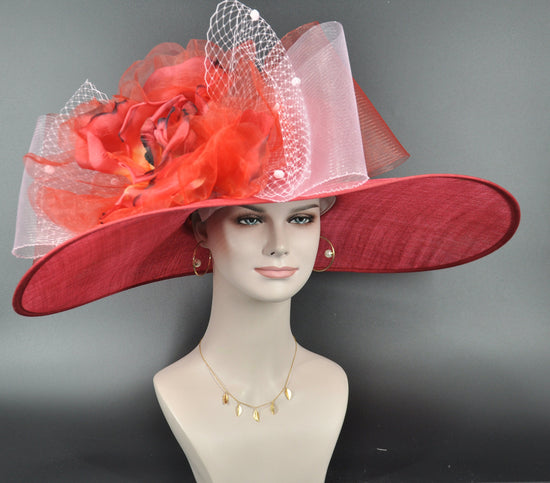 Red Derby Hat: Wide Brim Feathered Church Hat