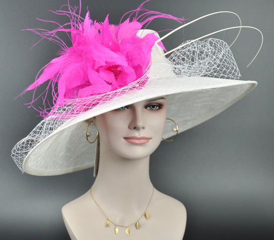 White Fuchsia Feather Flower Wide Brim Sinamay Hat for Kentucky Derby, Ascot Racing Hat, Elegant Wedding Guest Hat, Mother of the Bride Hat