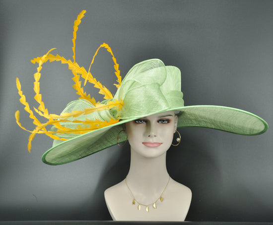 Wide Brim Kentucky Derby Hat, Ascot Hat for Wedding & Tea Party, Garden Party Hat, Mother of the Bride, Church Green Yellow