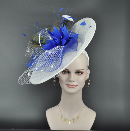 Wide Brim Kentucky Derby Fascinator Hat, Ascot Hat for Wedding & Tea Party, Garden Party Hat, Mother of the Bride, Church-White W Royal Blue