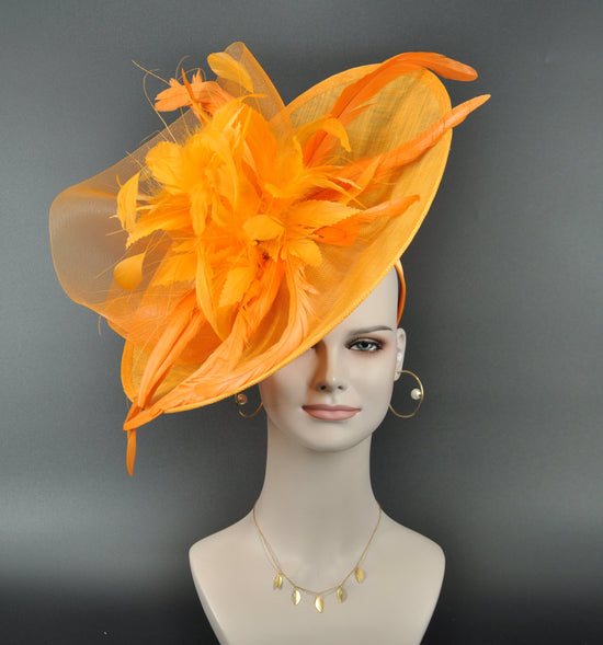 Orange Sinamay Disc Fascinator Hat with Jumbo Feather Flowers