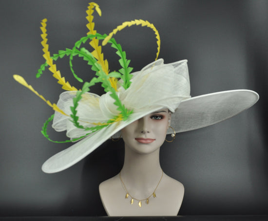 Wide Brim Kentucky Derby Hat: White Feather Ascot Hat