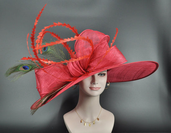 Red Feathered Wide Brim Sinamay hat, Kentucky derby Hat, Wedding Guest Hat, Tea Party Hat, Ascot Royal Style Hat,Oaks Day Hat