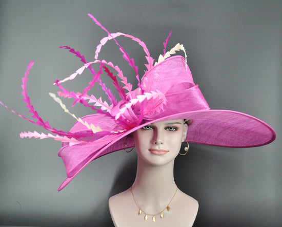 Wide Brim Kentucky Derby Hat, Ascot Hat for Wedding & Tea Party, Garden Party Hat, Mother of the Bride, Church Fuchsia /Hot Pink Ivory