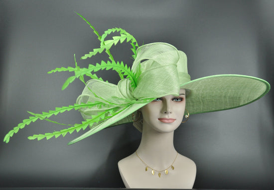 Spring Green Derby Hat: Wide Brim Feathered Ascot Hat