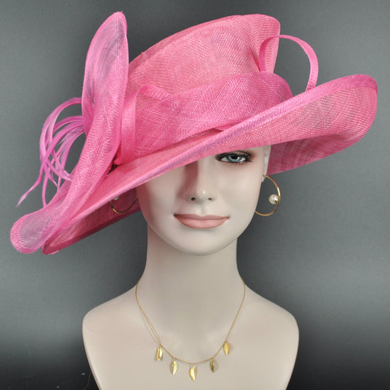 Hot Pink Sinamay Derby Hat: Wide Brim Flower Millinery