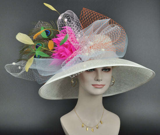 Ivory Flower Peacock Feathers Wide Brim Sinamay Hat for Kentucky Derby,Ascot Royal, Tea Garden Party,Easter Day,Mother of The Bride
