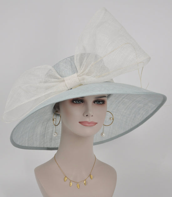 Powder Blue White Wide Brim Sinamay Hat For Kentucky Derby, Garden Wedding Tea Party, Ascot Royal Party, Easter Day Party,Church