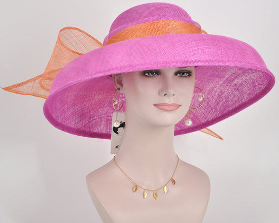 Audrey Hepburn Style Wide Brim Kentucky Derby Hat,Ascot Hat for Wedding Tea Party,Garden Party Hat, Mother of the Bride, Church Pink Orange