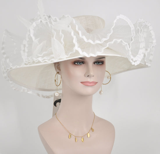 White Sinamay Derby Hat: Feather Flower Tea Party Hat