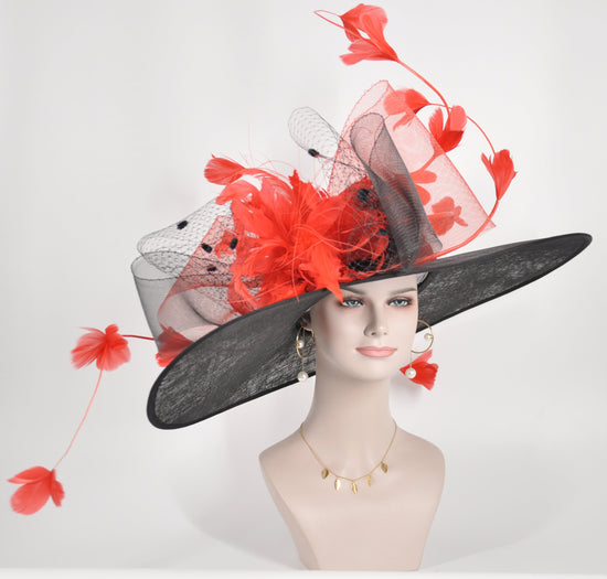 Black Red Feathers Custom Hat Wide Brim Kentucky Derby Hat, Ascot Hat for Wedding Tea Party, Garden Party Hat, Mother of the Bride, Church