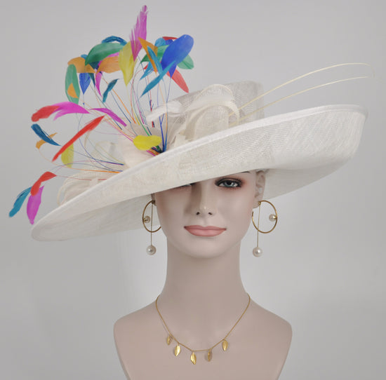 Wide Brim Sinamay Derby Hat, Colorful Feather Fascinator