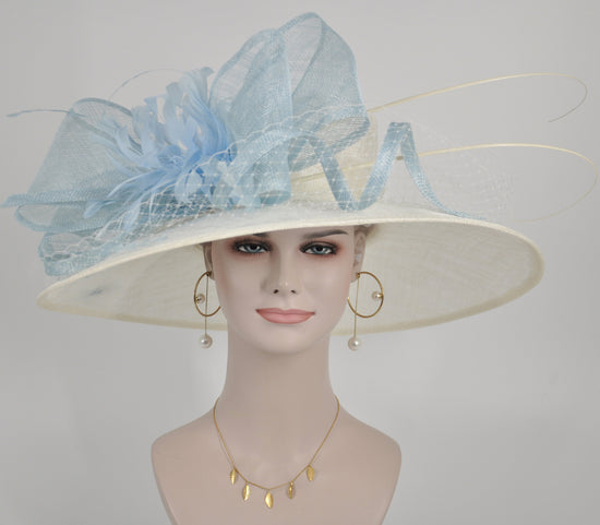 Wide Brim Sinamay Derby Hat: Ivory & Powder Blue, Royal Ascot