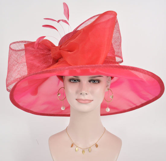 Red Sinamay Derby Hat, Wide Brim Ascot Hat