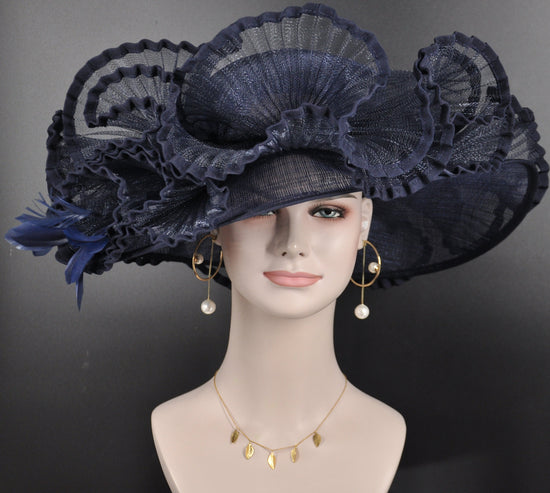 Navy Blue Sinamay Derby Hat: Wide Brim Royal Ascot Hat
