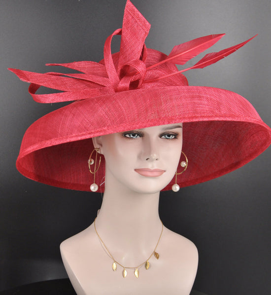 Red Wide Brim Kentucky Derby Hat, Ascot Hat for Wedding & Tea Party, Garden Party Hat, Mother of the Bride,Church, Audrey Hepburn Style