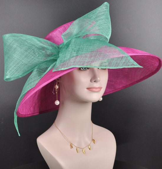 Sinamay Derby Hat: Hot Pink Wide Brim with Turquoise Bow