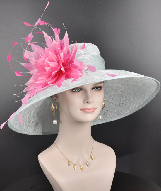 Powder Blue Fuchsia Feather Flower Kentucky Derby Hat,Ascot Hat for Wedding & Tea Party, Garden Party Hat, Mother of the Bride, Church