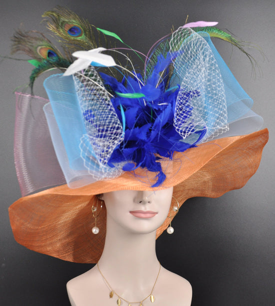 Orange Derby Hat: Royal Blue Feather Church Hat