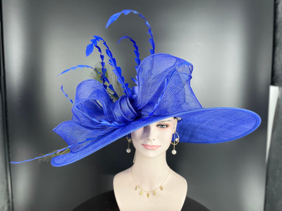 Royal Blue Sinamay Derby Hat, Wide Brim Feather Ascot Hat