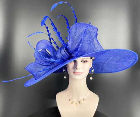 Royal Blue Derby Hat with Feathers, Ascot Style