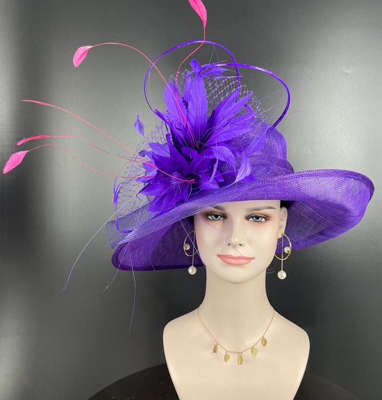 Purple Sinamay Derby Hat: Feather Flower Ascot Hat