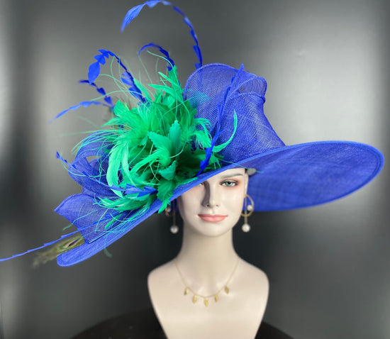 Royal Blue Green Peacock Wide Brim Sinamay Derby Hat, Feather & Bow Statement Hat, Ascot Fascinator for Wedding, Church, Tea Party