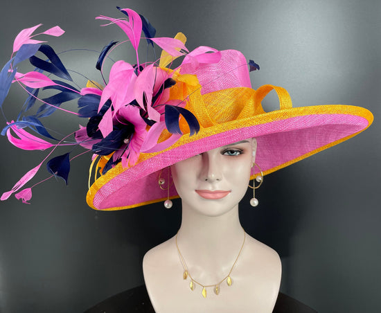 Hot Pink & Navy Feather Ascot Hat Wide Brim Kentucky Derby Hat, Ascot Hat for Wedding Tea Party,Garden Party Hat, Mother of the Bride,Church