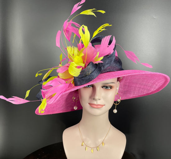 Sinamay Derby Hat: Navy, Hot Pink Feather Flower Wide Brim
