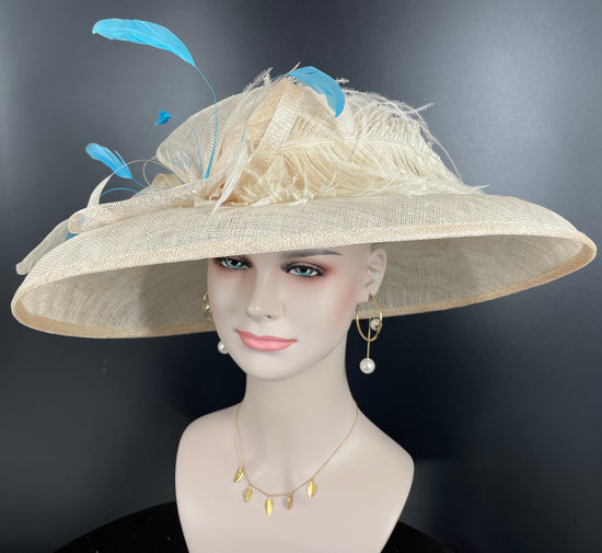 Champagne Sinamay Derby Hat: Wide Brim Feathered Church Wedding