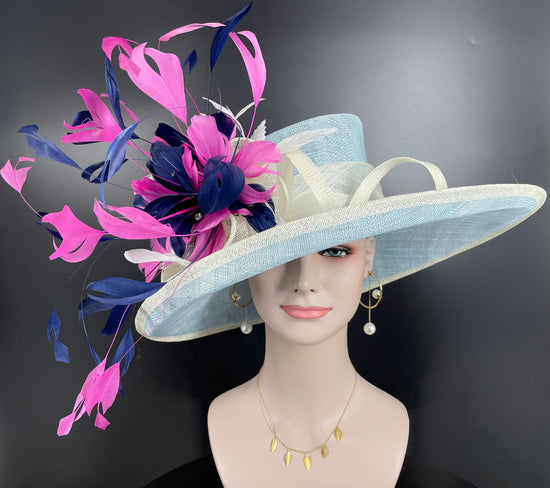 Wide Brim Kentucky Derby Hat, Ascot Hat for Wedding & Tea Party, Garden Party Hat,Mother of the Bride, Church Powder Blue Hot Pink Navy Blue