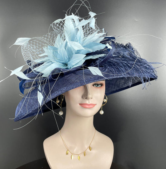 Navy Blue Powder Blue Feather Flower Wide Brim Sinamay hat, Kentucky derby Hat, Wedding Guest Hat, Tea Party Hat, Ascot Royal Hat, Oaks Day