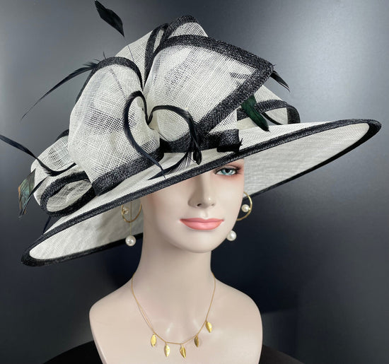 Wide Brim Kentucky Derby Hat, Ascot Hat for Wedding Tea Party, Garden Party Hat, Mother of the Bride, Church- White w Black