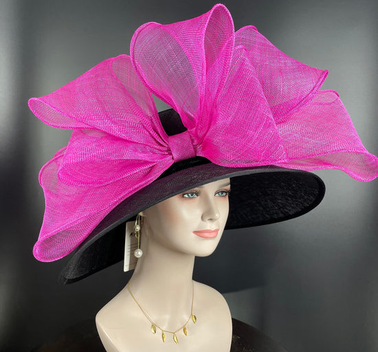 Black Sinamay Derby Hat: Wide Brim Party Hat with Jumbo Bow