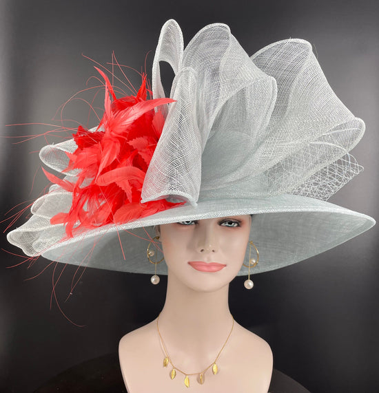 Powder Blue Sinamay Derby Hat: Coral Feather Flower Wide Brim
