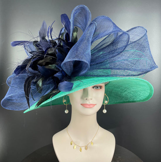Jade Green Sinamay Derby Hat: Navy Bows, Feather Flower