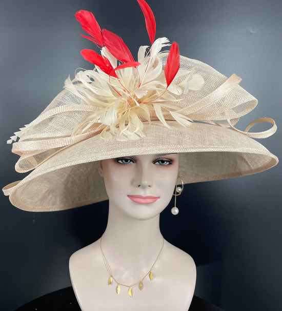 Derby Hat: Champagne Sinamay Feather Flower Wedding Hat