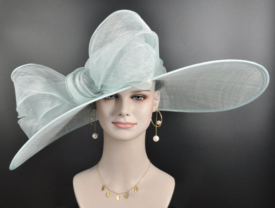 Powder Blue Derby Hat: Sinamay Bow, Feather Ascot Hat