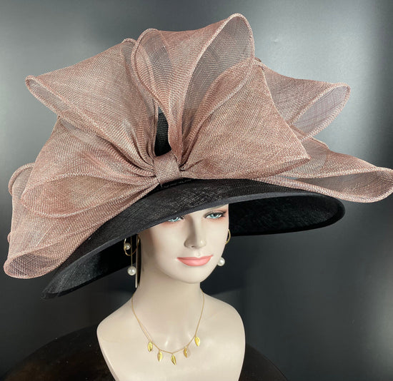 Black Sinamay Derby Hat, Wide Brim with Jumbo Bow, Tea Party Hat