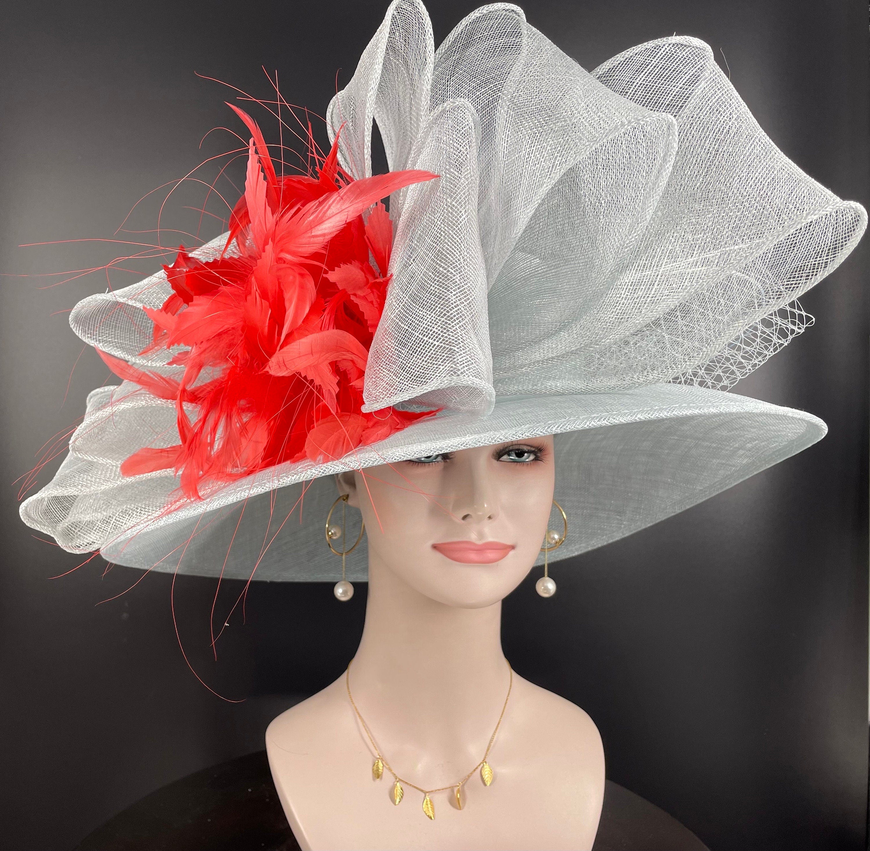 Powder Blue Sinamay Kentucky Derby Hat: Coral Feather Flower Wide Brim ...