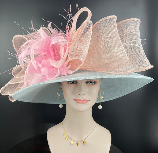 Wide Brim Kentucky Derby Hat, Ascot Hat for Wedding & Tea Party, Garden Party Hat, Mother of the Bride, Church Powder Blue Pink