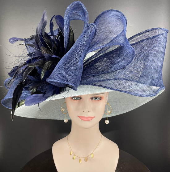 Powder Blue Sinamay Derby Hat: Feather Flower Bows