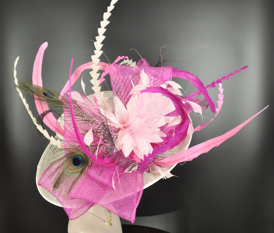 Wide Brim Kentucky Derby Hat, Ascot Hat for Wedding & Tea Party, Garden Party Hat, Mother of the Bride, Church Ivory/Off White Fuchsia Pink